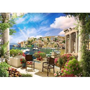 BELECO 5x3ft Fabric Europe Italy Photography Backdrop Tuscany Romantic Terrace View of Mediterranean Bay Boat Costal City Scenery Cafe Restaurant for Italian Theme Party Decorations Photo Props