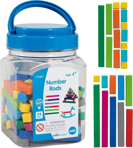 قضبان أرقام 19280 - برطمان صغير - مجموعة مكونة من 74 قطعة - تدريب عملي على الرياضيات للأطفال - 10 أطوال وألوان مختلفة in Kuwait