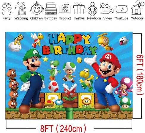 8x6ft Cartoon Coin Video Game Happy Birthday Theme Photography Backdrops Children Boys Birthday Party Decor Supplies Cake Table Decor Kids Shoot Photo Backgrounds Props in Kuwait