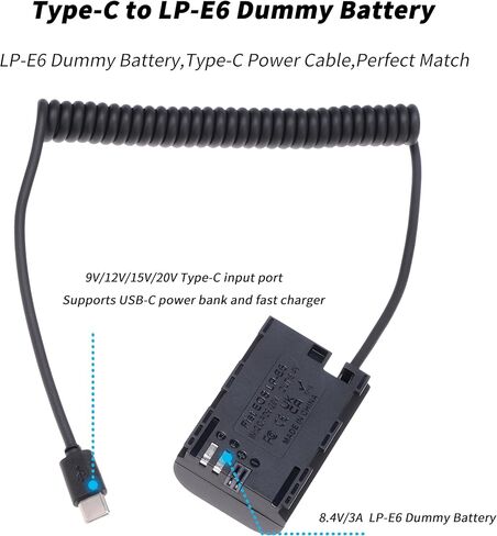 كابل طاقة Foto4easy USB C إلى محول بطارية الدمية LP-E6 لكاميرا Canon 5D2 5D3 5D4 6D 6D2 60D 7D 7D2 70D 80D 90D 5DSR R R5 R5C R6 R6II R7 (طول قابل للتوسيع: 13.7 ~ 39 بوصة) in Kuwait