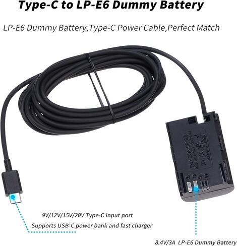 كابل طاقة Foto4easy USB C إلى محول بطارية الدمية LP-E6 لكاميرا Canon 5D2 5D3 5D4 6D 6D2 60D 7D 7D2 70D 80D 90D 5DSR R R5 R5C R6 R6II R7 (طول قابل للتوسيع: 13.7 ~ 39 بوصة) in Kuwait