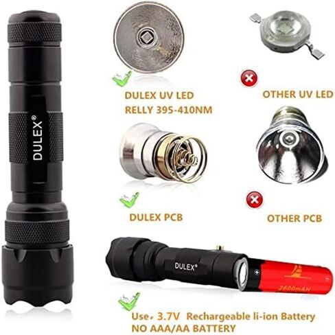 مصباح يدوي للأشعة فوق البنفسجية BlackLight، DULEX 395 - 410nm UV Led Blacklight Flashlight ومجموعة شاحن بطاريات قابلة لإعادة الشحن للاستخدام المهني / التجاري in Saudi Arabia