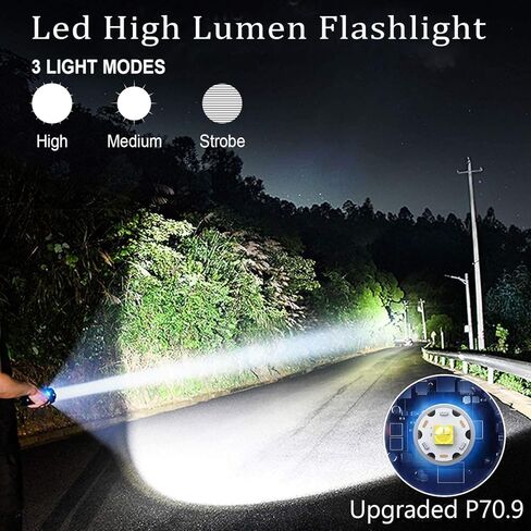 مصباح يدوي Alifa عالي اللومن قابل لإعادة الشحن، مصابيح LED 990000 لومن، مصباح يدوي مقاوم للماء XHP70.9 فائق السطوع، 3 أوضاع إضاءة، مصباح يدوي قابل للتكبير للطوارئ في الهواء الطلق in Kuwait