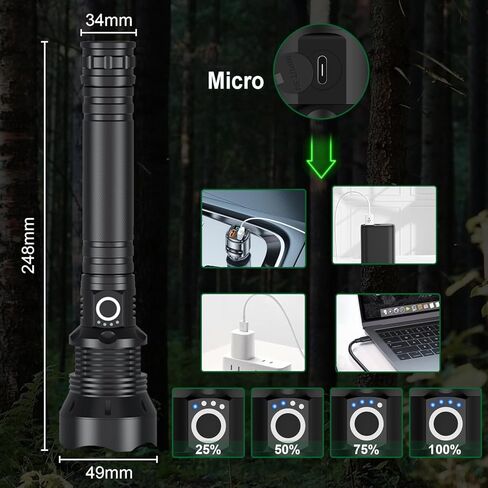 مصباح يدوي Alifa عالي اللومن قابل لإعادة الشحن، مصابيح LED 990000 لومن، مصباح يدوي مقاوم للماء XHP70.9 فائق السطوع، 3 أوضاع إضاءة، مصباح يدوي قابل للتكبير للطوارئ في الهواء الطلق in Kuwait