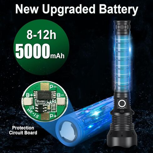 مصباح يدوي Alifa عالي اللومن قابل لإعادة الشحن، مصابيح LED 990000 لومن، مصباح يدوي مقاوم للماء XHP70.9 فائق السطوع، 3 أوضاع إضاءة، مصباح يدوي قابل للتكبير للطوارئ في الهواء الطلق in Kuwait