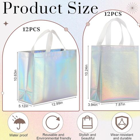 24 Pcs Iridescent Holographic Gift Bags with Handles, Include 12 Large Size Iridescent Gift Bags and 12 Medium Size Glossy Gift Bags, Reusable Iridescent Gift Bags for Birthdays, Parties in Saudi Arabia