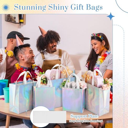 24 Pcs Iridescent Holographic Gift Bags with Handles, Include 12 Large Size Iridescent Gift Bags and 12 Medium Size Glossy Gift Bags, Reusable Iridescent Gift Bags for Birthdays, Parties in Saudi Arabia