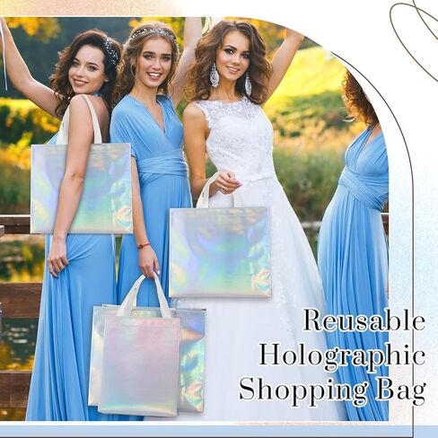 24 Pcs Iridescent Holographic Gift Bags with Handles, Include 12 Large Size Iridescent Gift Bags and 12 Medium Size Glossy Gift Bags, Reusable Iridescent Gift Bags for Birthdays, Parties in Saudi Arabia