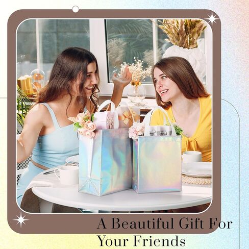24 Pcs Iridescent Holographic Gift Bags with Handles, Include 12 Large Size Iridescent Gift Bags and 12 Medium Size Glossy Gift Bags, Reusable Iridescent Gift Bags for Birthdays, Parties in Saudi Arabia