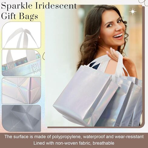 24 Pcs Iridescent Holographic Gift Bags with Handles, Include 12 Large Size Iridescent Gift Bags and 12 Medium Size Glossy Gift Bags, Reusable Iridescent Gift Bags for Birthdays, Parties in Saudi Arabia
