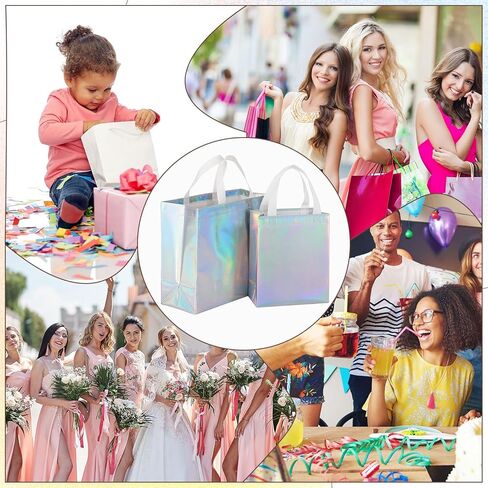 24 Pcs Iridescent Holographic Gift Bags with Handles, Include 12 Large Size Iridescent Gift Bags and 12 Medium Size Glossy Gift Bags, Reusable Iridescent Gift Bags for Birthdays, Parties in Saudi Arabia