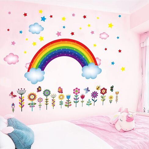 3 Sheets Rainbow Wall Decal Rainbow Wall Sticker, Large Removable Rainbow Butterflies Clouds Star Flower Wall Decals for Nursery Kids Girls Bedroom Decor in Saudi Arabia