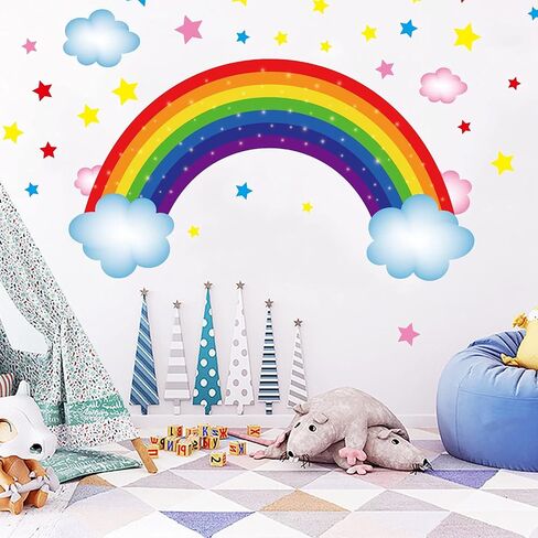 3 Sheets Rainbow Wall Decal Rainbow Wall Sticker, Large Removable Rainbow Butterflies Clouds Star Flower Wall Decals for Nursery Kids Girls Bedroom Decor in Saudi Arabia