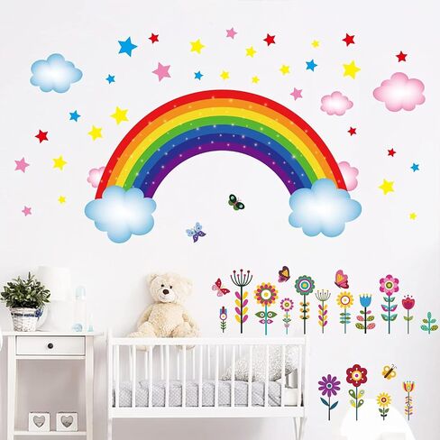 3 Sheets Rainbow Wall Decal Rainbow Wall Sticker, Large Removable Rainbow Butterflies Clouds Star Flower Wall Decals for Nursery Kids Girls Bedroom Decor in Saudi Arabia