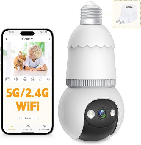 كاميرا مراقبة لمبة 4 ميجابكسل 5G&2.4 جيجا هرتز 360 درجة لاسلكية مع رؤية ليلية، كشف الحركة، عرض عن بعد 360 درجة، وتنبيهات في الوقت الحقيقي للسلامة المنزلية مع Alexa وGoogle Home in Saudi Arabia