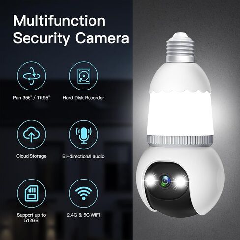 كاميرا مراقبة لمبة 4 ميجابكسل 5G&2.4 جيجا هرتز 360 درجة لاسلكية مع رؤية ليلية، كشف الحركة، عرض عن بعد 360 درجة، وتنبيهات في الوقت الحقيقي للسلامة المنزلية مع Alexa وGoogle Home in Saudi Arabia