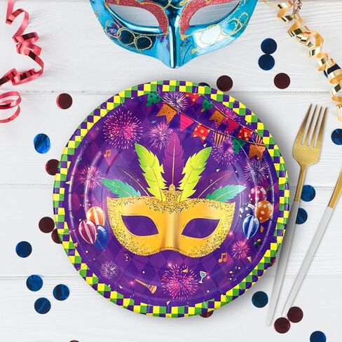 CIEOVO 48 Pack Disposable Plates Mardi Gras Print Party Paper Plates 9" Dinner Plates for Mardi Gras Carnival New Orleans Masquerade Party Supplies in Saudi Arabia
