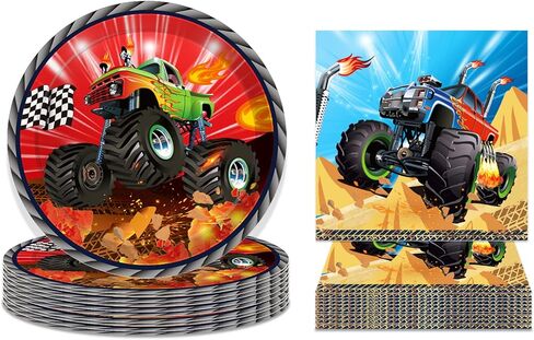 لوازم حفلات أعياد الميلاد من Monster Truck لوحات ومناديل حفلات الشاحنة لـ 24 ضيفًا، 64 قطعة من ديكورات حفلات الشاحنة، مجموعة أدوات مائدة لحفلات الشاحنات للاستعمال مرة واحدة، أطباق حلويات لحفلات الشاحنات، مناديل لحفلات السيارات in Kuwait
