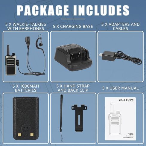 Retevis RB66 Fast Charging Walkie Talkies with Earpiece,Portable FRS Two-Way Radios,Flashlight, VOX, Remote Alarm, USB-C Charging Base,Durable Commercial 2 Way radios for Hotel Retail (5 Pack) in Saudi Arabia