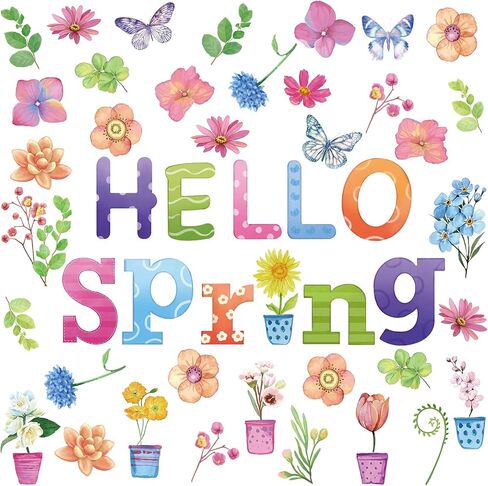 79 Pcs Spring Bulletin Board Decorations Easter Spring Classroom Decorations Hello Spring Flowers Cut Outs with 100 Pcs Glue Points Flower Plants Butterfly Decoration for School Classroom Party in Saudi Arabia