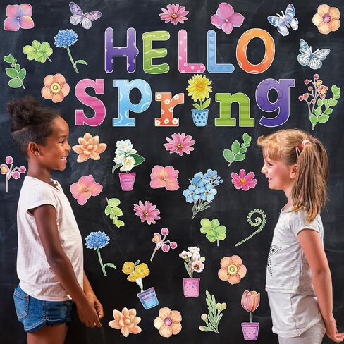 79 Pcs Spring Bulletin Board Decorations Easter Spring Classroom Decorations Hello Spring Flowers Cut Outs with 100 Pcs Glue Points Flower Plants Butterfly Decoration for School Classroom Party in Saudi Arabia