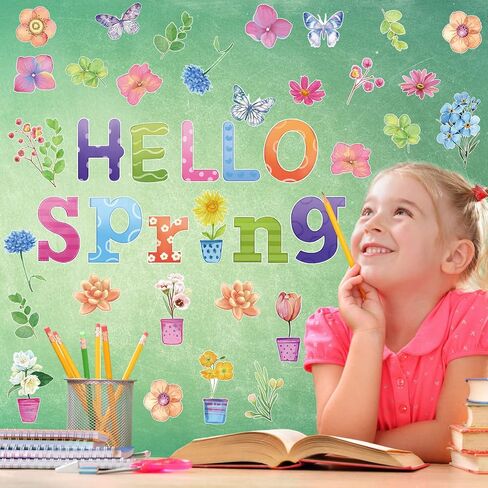 79 Pcs Spring Bulletin Board Decorations Easter Spring Classroom Decorations Hello Spring Flowers Cut Outs with 100 Pcs Glue Points Flower Plants Butterfly Decoration for School Classroom Party in Saudi Arabia