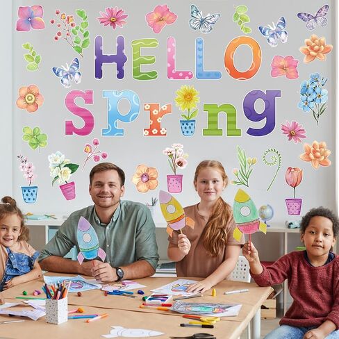 79 Pcs Spring Bulletin Board Decorations Easter Spring Classroom Decorations Hello Spring Flowers Cut Outs with 100 Pcs Glue Points Flower Plants Butterfly Decoration for School Classroom Party in Saudi Arabia