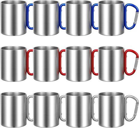 Nuanchu 12 Pcs Insulated Stainless Steel Camping Cup 10 oz Portable Camping Coffee Mug with D Ring Handle Hiking Mug for Home Tea Hot Cold Drinks Outdoor Sports Travel Backpacking Kitchen, 3 Styles in Saudi Arabia