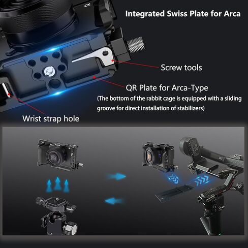 مجموعة قفص A6700 لكاميرا Sony A6700 مع مشبك كابل لـ HDMI، لوحة مدمجة سريعة التحرير لنوع Arca، قفص فيديو لكاميرا صناعة الأفلام مع حامل حذاء، 1/4 بوصة - 20 و3/8 بوصة - 16 ثقوب مترابطة in Kuwait