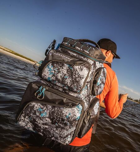حقيبة ظهر Evolution Fishing Largemouth ذات الطابقين 3600 - تمويه مائي، حقيبة ظهر خارجية مع 3 صواني صيد، مقبض مبطن، حقيبة ظهر لصيد الأسماك، تخزين الأدوات in Kuwait