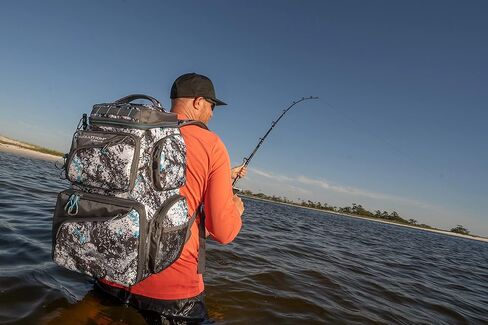 حقيبة ظهر Evolution Fishing Largemouth ذات الطابقين 3600 - تمويه مائي، حقيبة ظهر خارجية مع 3 صواني صيد، مقبض مبطن، حقيبة ظهر لصيد الأسماك، تخزين الأدوات in Kuwait