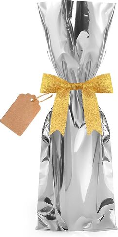 حقائب هدايا معدنية من CB Accessories لزجاجات النبيذ 25 كيسًا مع شريط وعلامات، مثالية لحفلات العطلات وحفلات الزفاف وأعياد الميلاد (فضية) in Kuwait