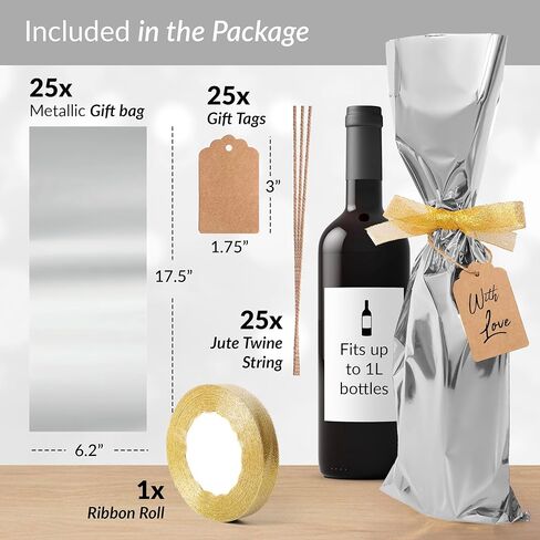 حقائب هدايا معدنية من CB Accessories لزجاجات النبيذ 25 كيسًا مع شريط وعلامات، مثالية لحفلات العطلات وحفلات الزفاف وأعياد الميلاد (فضية) in Kuwait