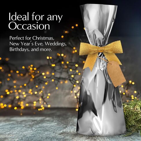 حقائب هدايا معدنية من CB Accessories لزجاجات النبيذ 25 كيسًا مع شريط وعلامات، مثالية لحفلات العطلات وحفلات الزفاف وأعياد الميلاد (فضية) in Kuwait