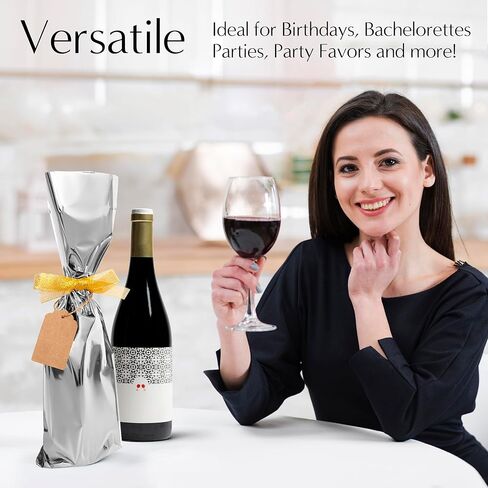 حقائب هدايا معدنية من CB Accessories لزجاجات النبيذ 25 كيسًا مع شريط وعلامات، مثالية لحفلات العطلات وحفلات الزفاف وأعياد الميلاد (فضية) in Kuwait
