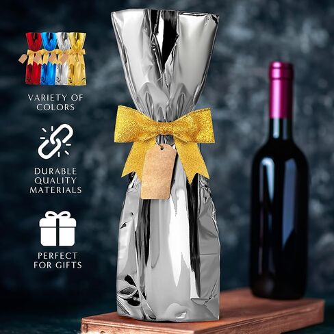 حقائب هدايا معدنية من CB Accessories لزجاجات النبيذ 25 كيسًا مع شريط وعلامات، مثالية لحفلات العطلات وحفلات الزفاف وأعياد الميلاد (فضية) in Kuwait