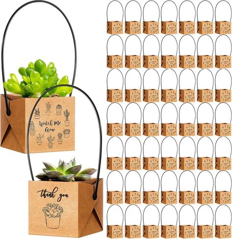 Qilery 100 Pcs Watch Me Grow Succulents Wraps Bulk Succulent Party Favors Kraft Paper Thank You Succulent Wrap with Handle Succulent Box for Baby Shower Wedding, 2.2 x 2.2 x 2.13 Inch in Saudi Arabia