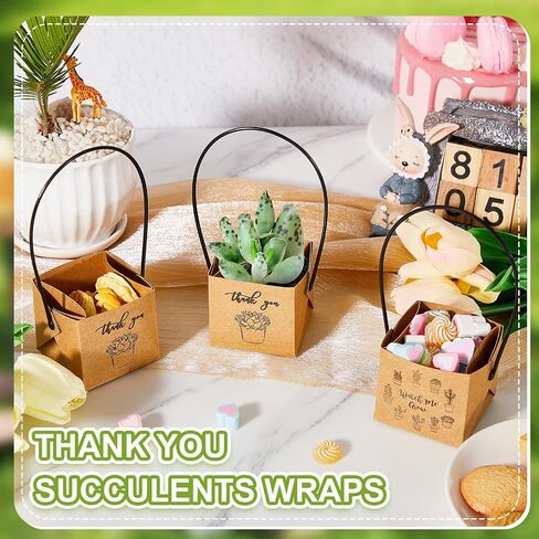 Qilery 100 Pcs Watch Me Grow Succulents Wraps Bulk Succulent Party Favors Kraft Paper Thank You Succulent Wrap with Handle Succulent Box for Baby Shower Wedding, 2.2 x 2.2 x 2.13 Inch in Saudi Arabia