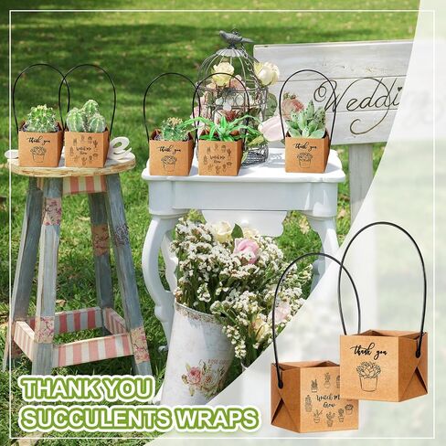 Qilery 100 Pcs Watch Me Grow Succulents Wraps Bulk Succulent Party Favors Kraft Paper Thank You Succulent Wrap with Handle Succulent Box for Baby Shower Wedding, 2.2 x 2.2 x 2.13 Inch in Saudi Arabia