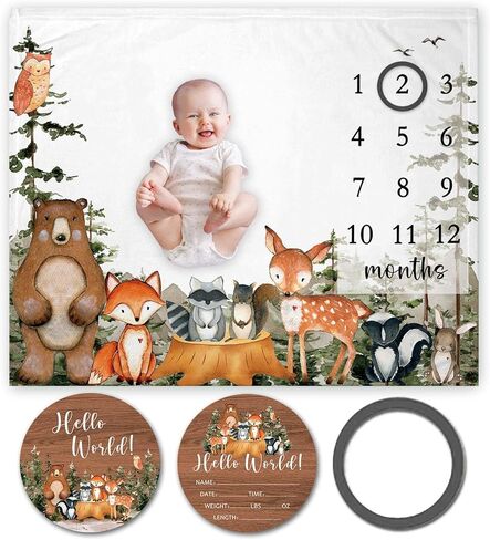 بطانية وودلاند بيبي مايلستون مع علامة الميلاد، مخطط نمو طفل الغابة، بطانية شهرية، شاهدني تنمو حيوانات الغابة، حضانة الأطفال للأمهات الجدد (50 بوصة × 40 بوصة) in Kuwait
