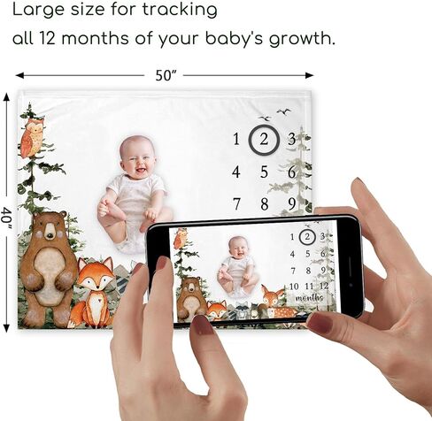 بطانية وودلاند بيبي مايلستون مع علامة الميلاد، مخطط نمو طفل الغابة، بطانية شهرية، شاهدني تنمو حيوانات الغابة، حضانة الأطفال للأمهات الجدد (50 بوصة × 40 بوصة) in Kuwait