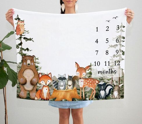 بطانية وودلاند بيبي مايلستون مع علامة الميلاد، مخطط نمو طفل الغابة، بطانية شهرية، شاهدني تنمو حيوانات الغابة، حضانة الأطفال للأمهات الجدد (50 بوصة × 40 بوصة) in Kuwait