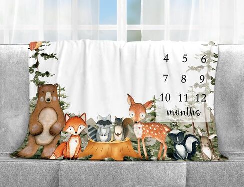 بطانية وودلاند بيبي مايلستون مع علامة الميلاد، مخطط نمو طفل الغابة، بطانية شهرية، شاهدني تنمو حيوانات الغابة، حضانة الأطفال للأمهات الجدد (50 بوصة × 40 بوصة) in Kuwait