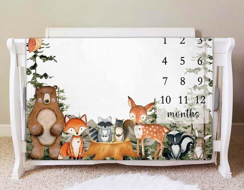 بطانية وودلاند بيبي مايلستون مع علامة الميلاد، مخطط نمو طفل الغابة، بطانية شهرية، شاهدني تنمو حيوانات الغابة، حضانة الأطفال للأمهات الجدد (50 بوصة × 40 بوصة) in Kuwait