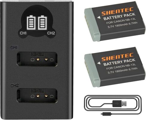 Shentec 2 حزمة بطاريات NB-13L 1800 مللي أمبير في الساعة وشاحن USB ثلاثي الفتحات LED متوافق مع كاميرا Canon NB-13L وCanon PowerShot G5X G7X G9X، G7 X Mark II، G9 X Mark II، SX720 HS، SX730 HS، SX620 HS in Saudi Arabia