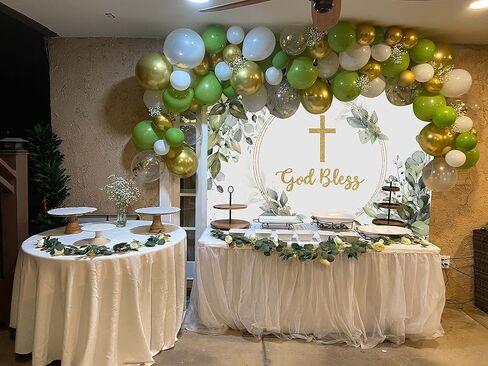 Greenery God Bless خلفية المعمودية المقدسة الأولى خلفية المعمودية 7x5ft الأخضر والذهبي الأوكالبتوس الأخضر يترك الطفل دش خلفية الديكور (7X5FT (210x150cm)) in Kuwait
