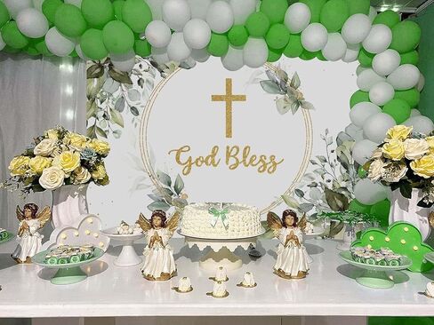 Greenery God Bless خلفية المعمودية المقدسة الأولى خلفية المعمودية 7x5ft الأخضر والذهبي الأوكالبتوس الأخضر يترك الطفل دش خلفية الديكور (7X5FT (210x150cm)) in Kuwait