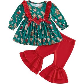 Toddler Baby Girls Christmas Outfits Ruffle Santa Pumkin Print Tunic Drees Shirt Flare Bell-Bottom Pant Fall Clothes