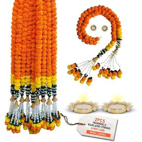 Marigold Garland for Decoration 5 Feet Long Artificial Marigold Flowers 2 Pc, Christmas Decorations Indian Décor for Pooja, Wedding, Events, Diwali, Halloween Decor with 2 Diyas
