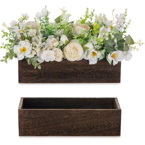 NUPTIO Flower Box Rectangle Centerpieces: 2 Pcs 11.8" Long Wood Vase Boxes Small Rustic Washed White Centerpiece Box for Wedding Tables